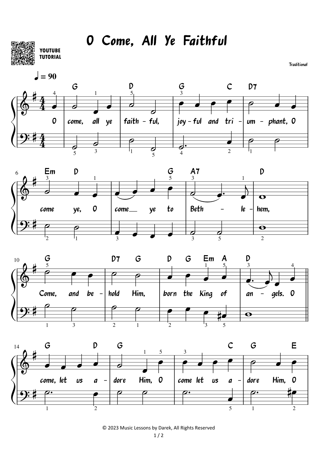 O Come, All Ye Faithful - Christmas Carol [EASY PIANO] (arr. Darek)