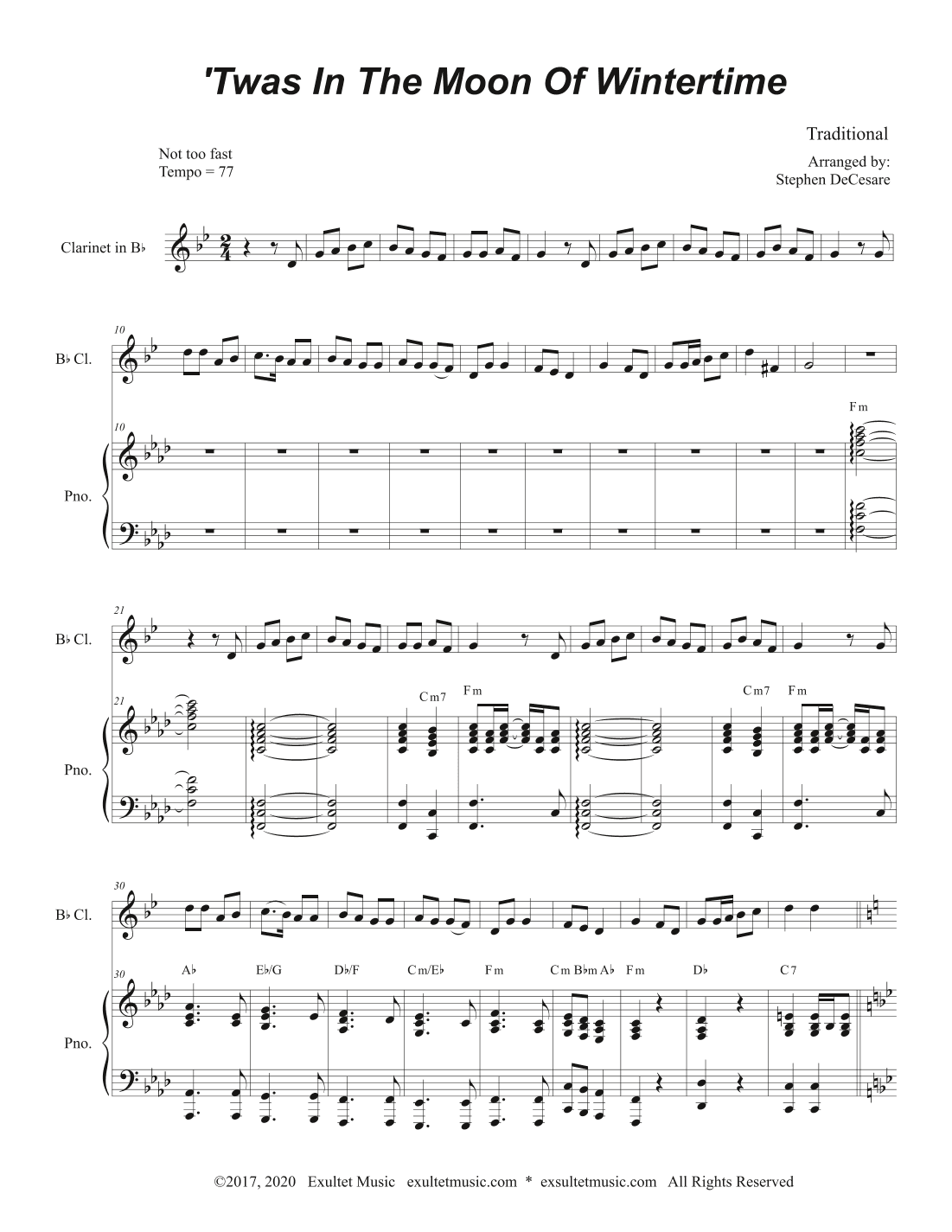 'Twas In The Moon Of Wintertime (Bb-Clarinet solo and Piano) (arr. Stephen DeCesare)