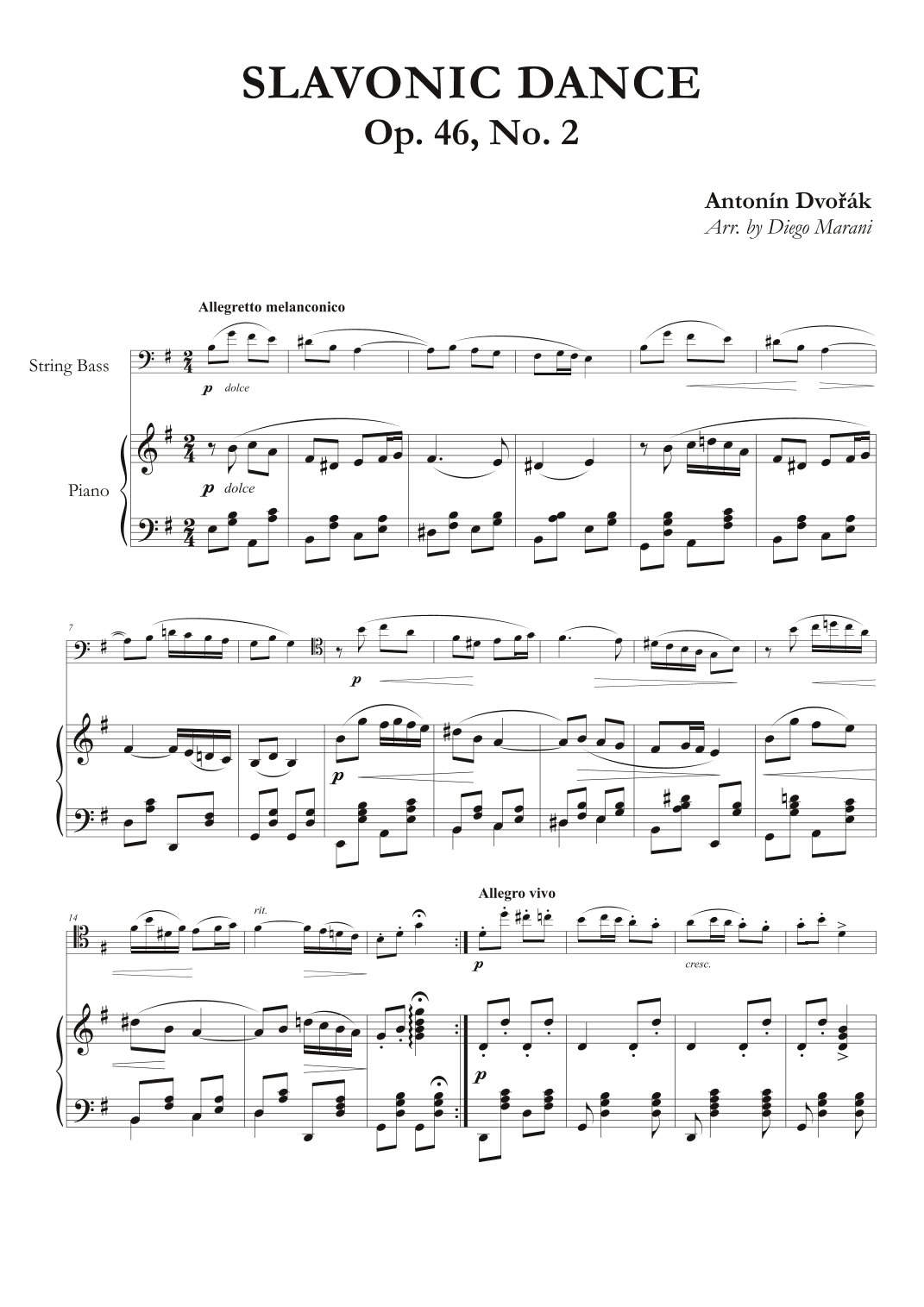 Slavonic Dance Op. 46 No. 2 for Double Bass and Piano (arr. Diego Marani)