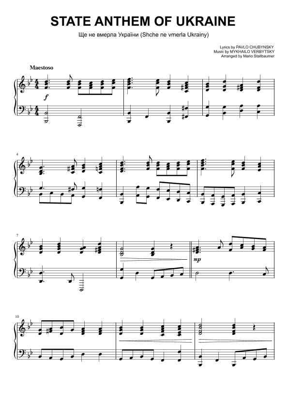 National Anthem of Ukraine - "Shche ne vmerla Ukrainy" (Ще не вмерла України) (arr. Mario Stallbaumer)
