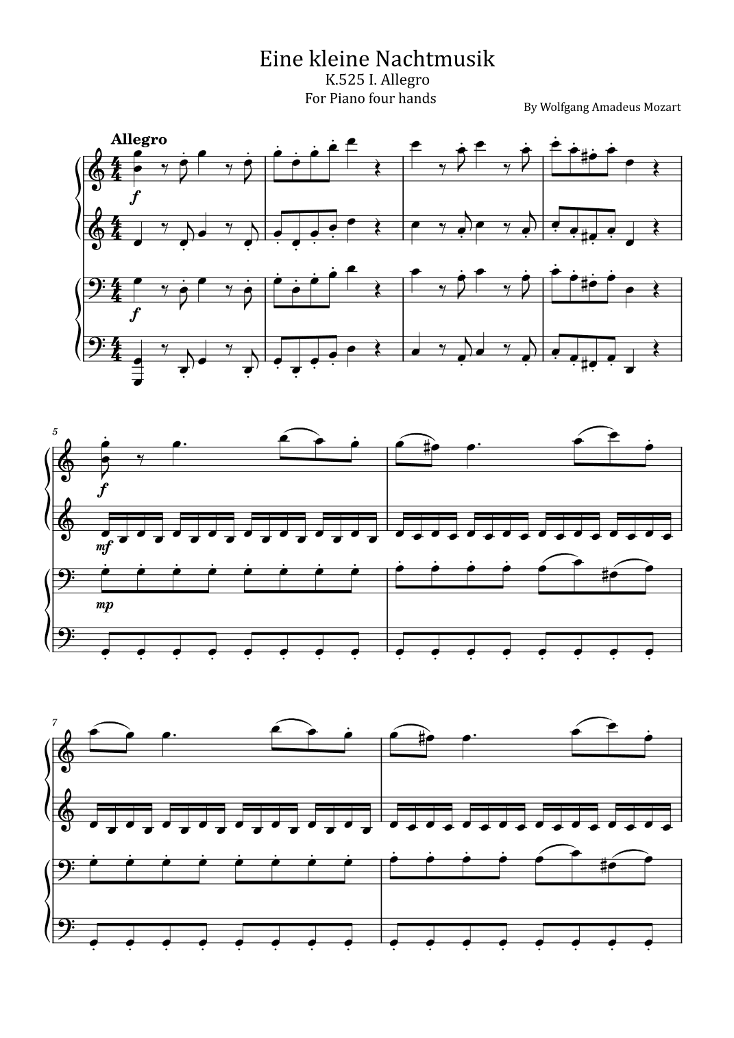 Mozart - Eine kleine Nachtmusik - K.525 – For Piano four hands (arr. poon)
