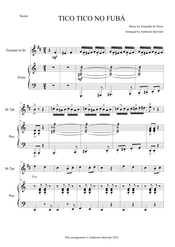Tico Tico no Fubá by Zequinha de Abreu for Trumpet in Bb & Piano Duo (arr. Anderson Quevedo)