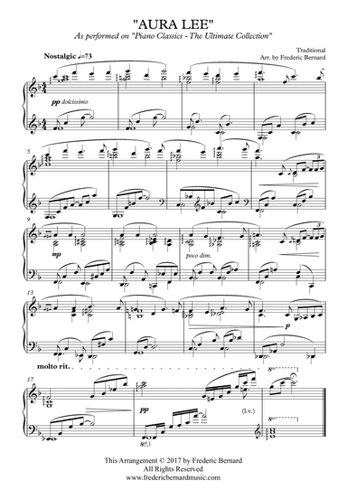 Aura Lee - Gentle Piano Solo Version (arr. Frederic Bernard)