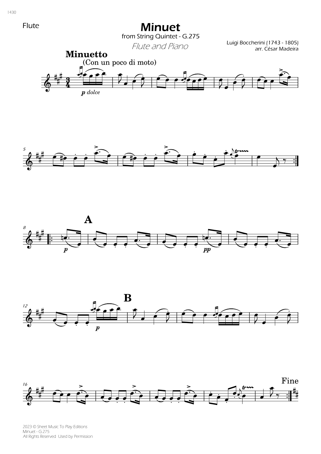 Minuet Op.11 No.5 - Flute and Piano (Individual Parts) (arr. César Madeira)