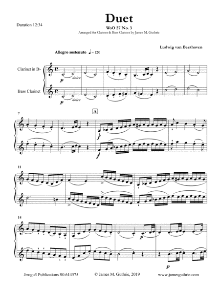 Beethoven: Duet WoO 27 No. 3 for Clarinet & Bass Clarinet (arr. James M. Guthrie, ASCAP)