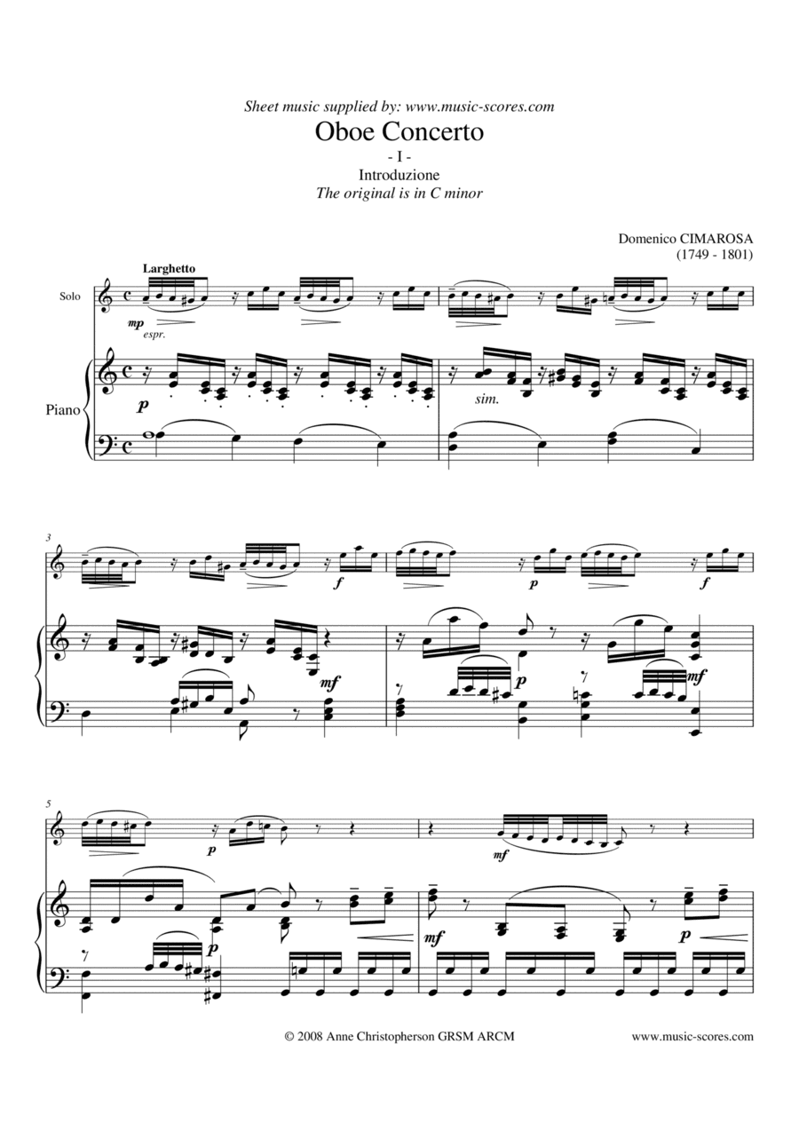 Cimarosa Larghetto - 1st movement from Oboe Concerto - Oboe and Piano - A minor (arr. Anne L Christopherson GRSM ARCM)