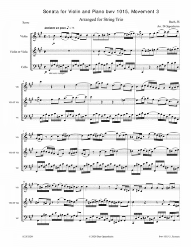 Bach: Sonata for Violin and Keyboard BWV 1015 movement 3 arranged for String Trio (Violin, Violin or (arr. Oppenheim, Dan)
