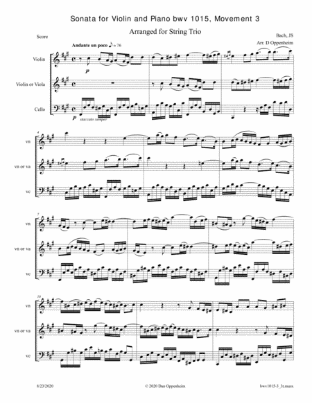 Bach: Sonata for Violin and Keyboard BWV 1015 movement 3 arranged for String Trio (Violin, Violin or (arr. Oppenheim, Dan)