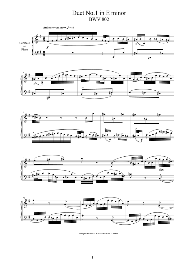 Bach - 4 Duets BWV 802-805 for Harpsichord or Piano - Complete scores (arr. Santino Cara)