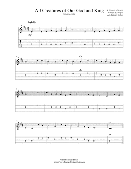 All Creatures of Our God and King - for easy guitar with TAB (arr. Samuel Stokes)