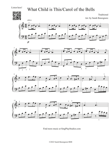 What Child is This/Carol of the Bells piano solo (arr. Sarah Bonsignore)