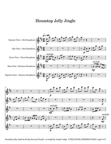 Housetop Jolly Jingle for Saxophone Quartet in Schools (arr. Joseph Judge)
