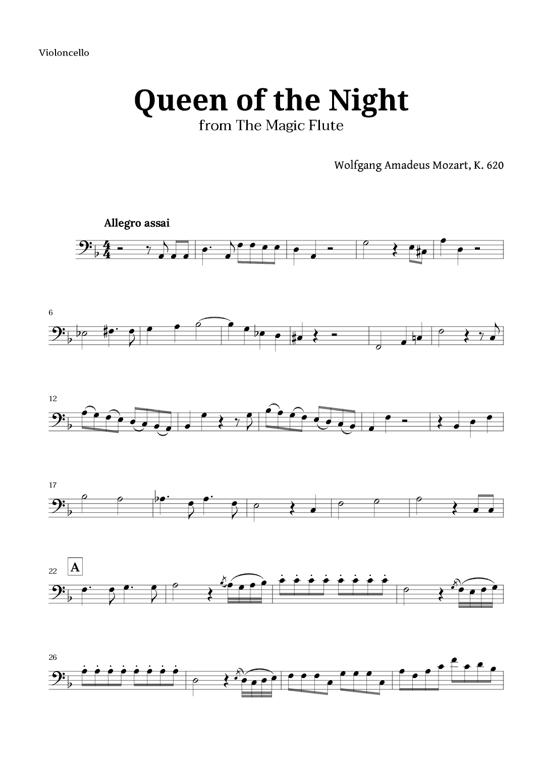 Queen of the Night by Mozart for Cello Solo (arr. Langanho)