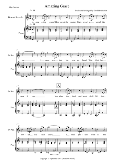 Amazing Grace for Descant Recorder and Piano (arr. David Burndrett)