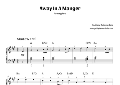 Away In A Manger (easy piano in A major – with chords) (arr. Bernardo Pereira)