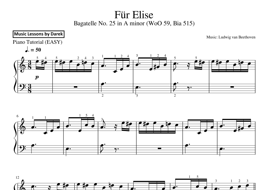 Für Elise (EASY PIANO) Bagatelle No. 25 in A minor (WoO 59, Bia 515) [Ludwig van Beethoven] (arr. Darek)