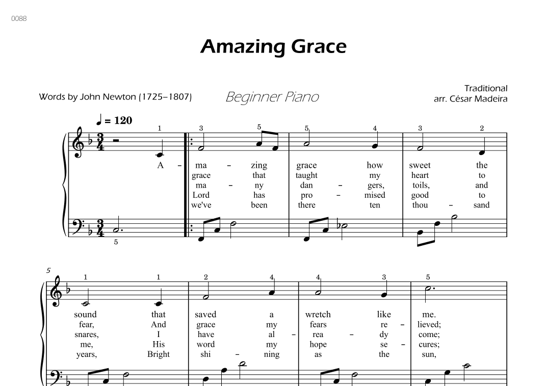 Amazing Grace - Easy Piano - W/Lyrics (Full Score) (arr. César Madeira)