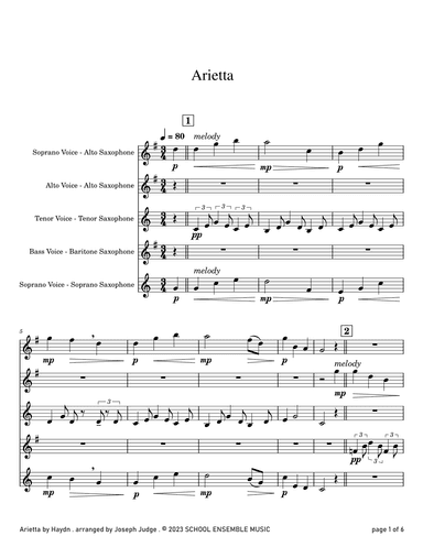 Arietta by Haydn for Saxophone Quartet in Schools (arr. Joseph Judge)
