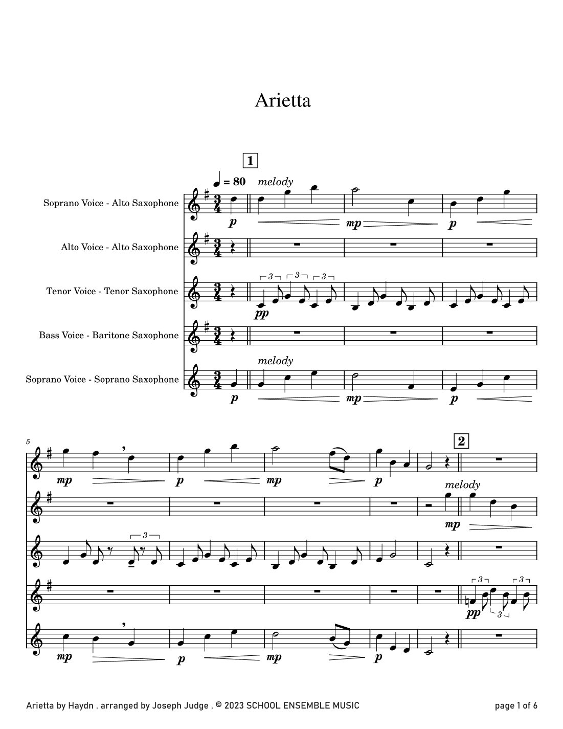 Arietta by Haydn for Saxophone Quartet in Schools (arr. Joseph Judge)