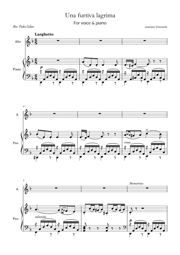 Una Furtiva Lagrima (For contralto in Dm) (arr. Pedro Cohen)