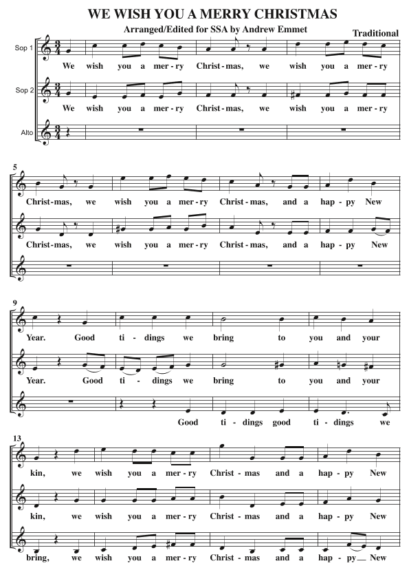 We Wish You A Merry Christmas A Cappella SSA (arr. Andrew Emmet)