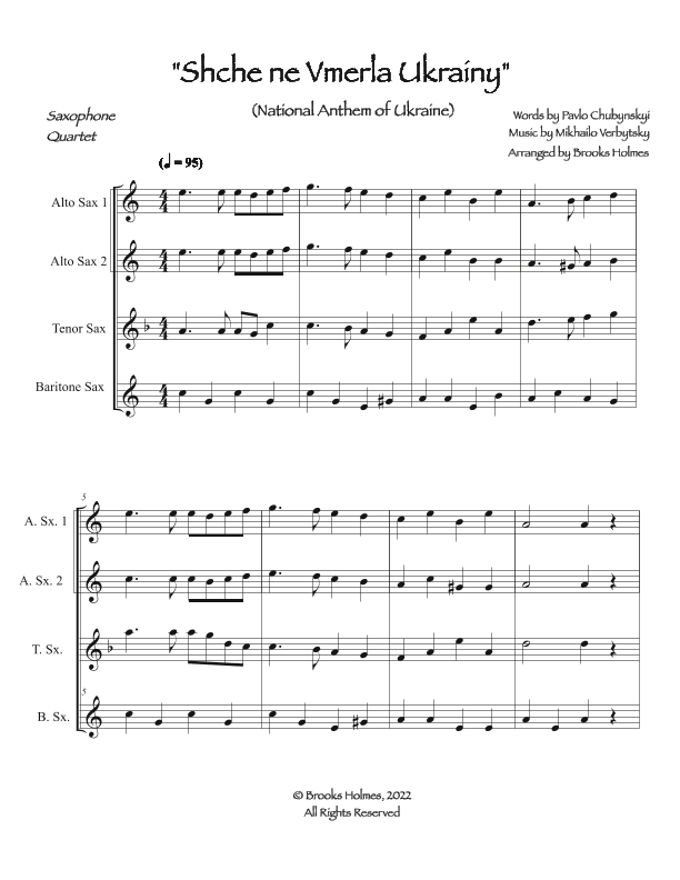Schche ne Vmerla Ukrainy (Saxophone Quartet) National Anthem Of Ukraine (arr. Brooks Holmes)
