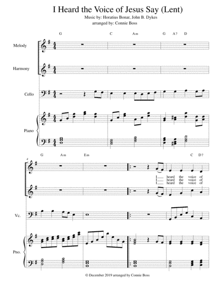I Heard the Voice of Jesus Say (Lent Lyrics) - Cello, vocal duet and piano (arr. Connie Boss)