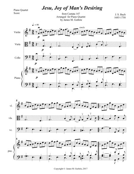 Bach: Jesu, Joy of Man's Desiring for Piano Quartet (arr. James M. Guthrie, ASCAP)