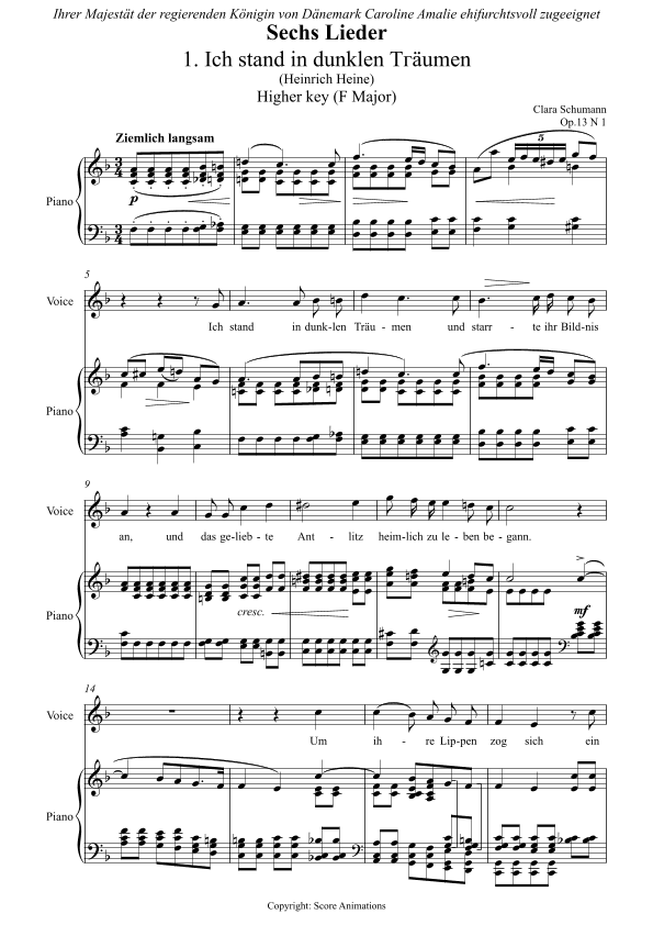 Ich stand in dunklen Träumen Op 13 N1 in F major (Higher key) (arr. Score Animations)