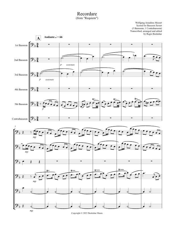 Recordare (from "Requiem") (F) (Bassoon Sextet - 5 Bassoons, 1 Contrabassoon) (arr. Regis Bookshar)