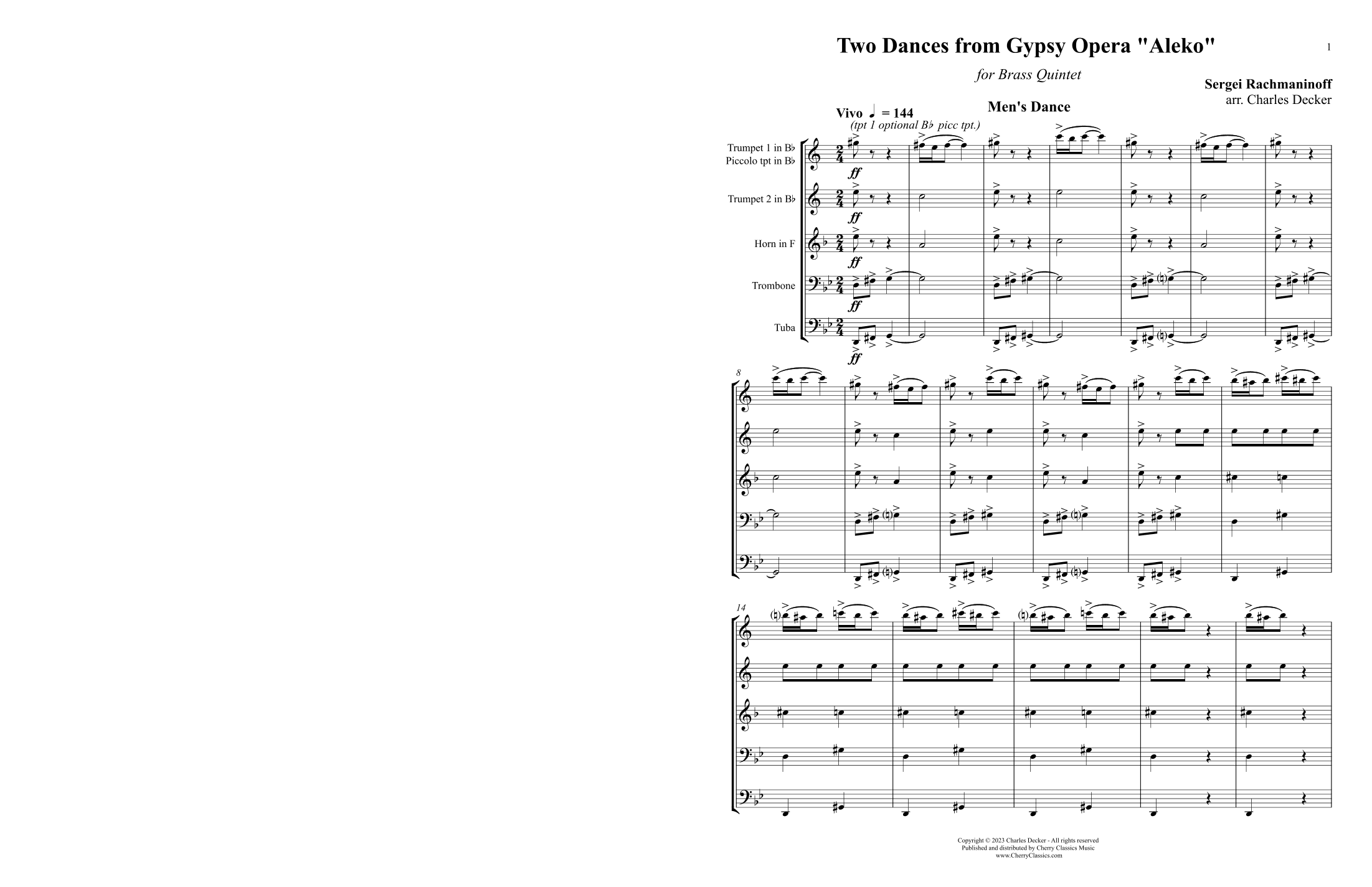 Two Dances from the Opera Aleko for Brass Quintet (arr. Charles Decker)