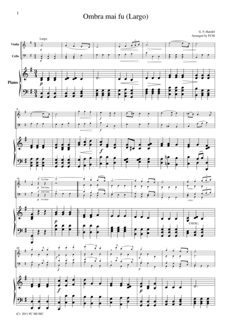 Handel  Ombra mai fu (Largo), for piano trio, PH101 (arr. FCMUSIC)
