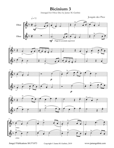 Josquin: Bicinium 3 for Oboe Duo (arr. James M. Guthrie)