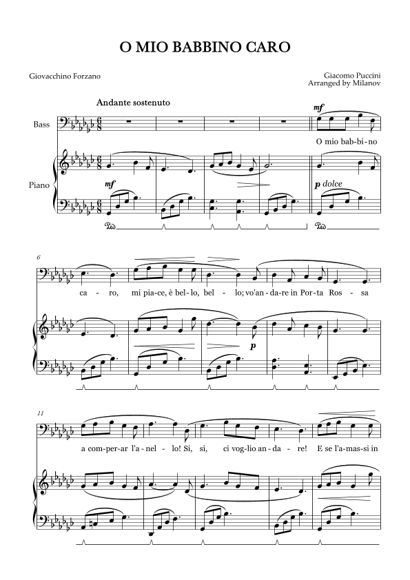 O Mio Babbino Caro | Male Voice Bass | G-flat Major | Piano accompaniment | Pedal (arr. Milanov)