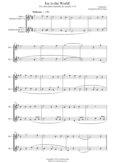 Joy to the World (for oboe duet, suitable for grades 1-5) (arr. Edwin Sung)