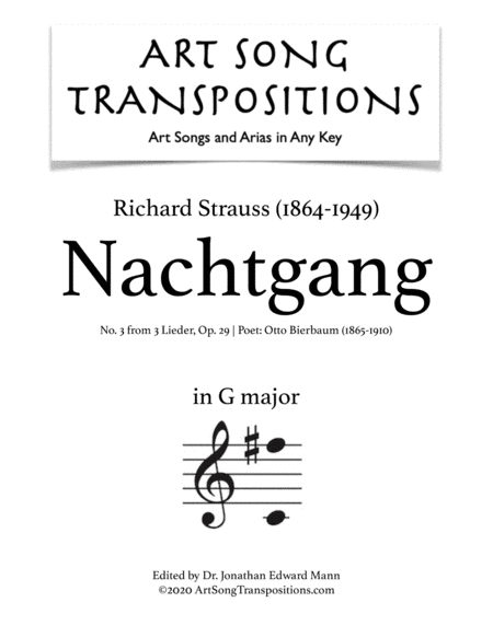 STRAUSS: Nachtgang, Op. 29 no. 3 (transposed to G major) (arr. ArtSongTranspositions.com)