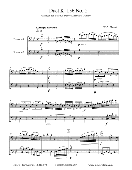 Mozart: 3 Duets K. 156 Complete for Bassoon Duo (arr. James M. Guthrie, ASCAP)