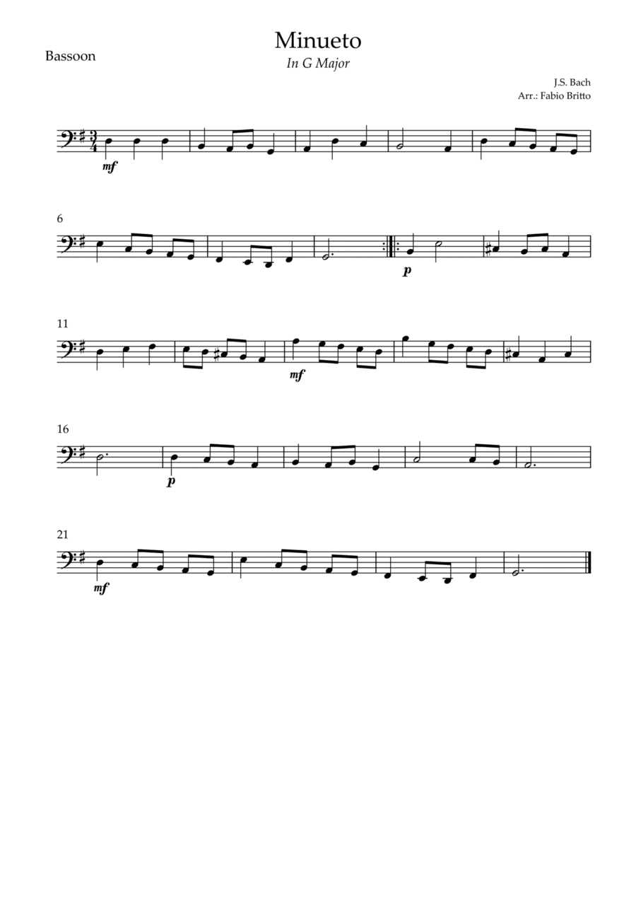 Minueto in G Major ( J.S. Bach) for Bassoon Solo (arr. Fabio Britto)