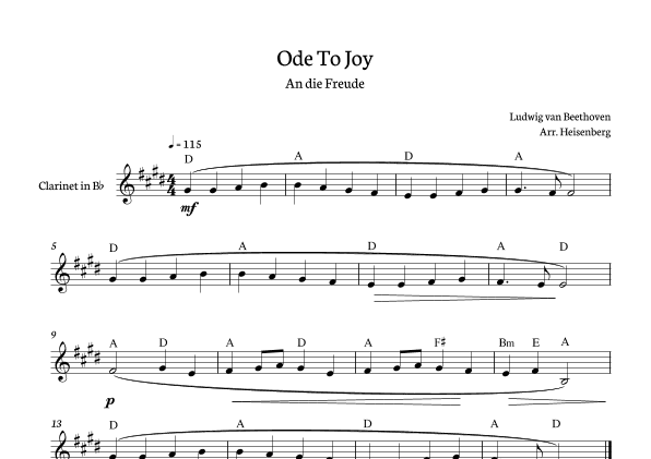Beethoven - Ode to Joy for clarinet with chords in D major. (arr. Heisenberg)