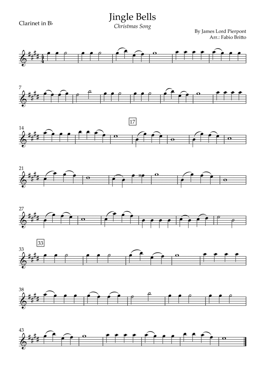 Jingle Bells (Christmas Song) for Clarinet in Bb Solo (arr. Fabio Britto)