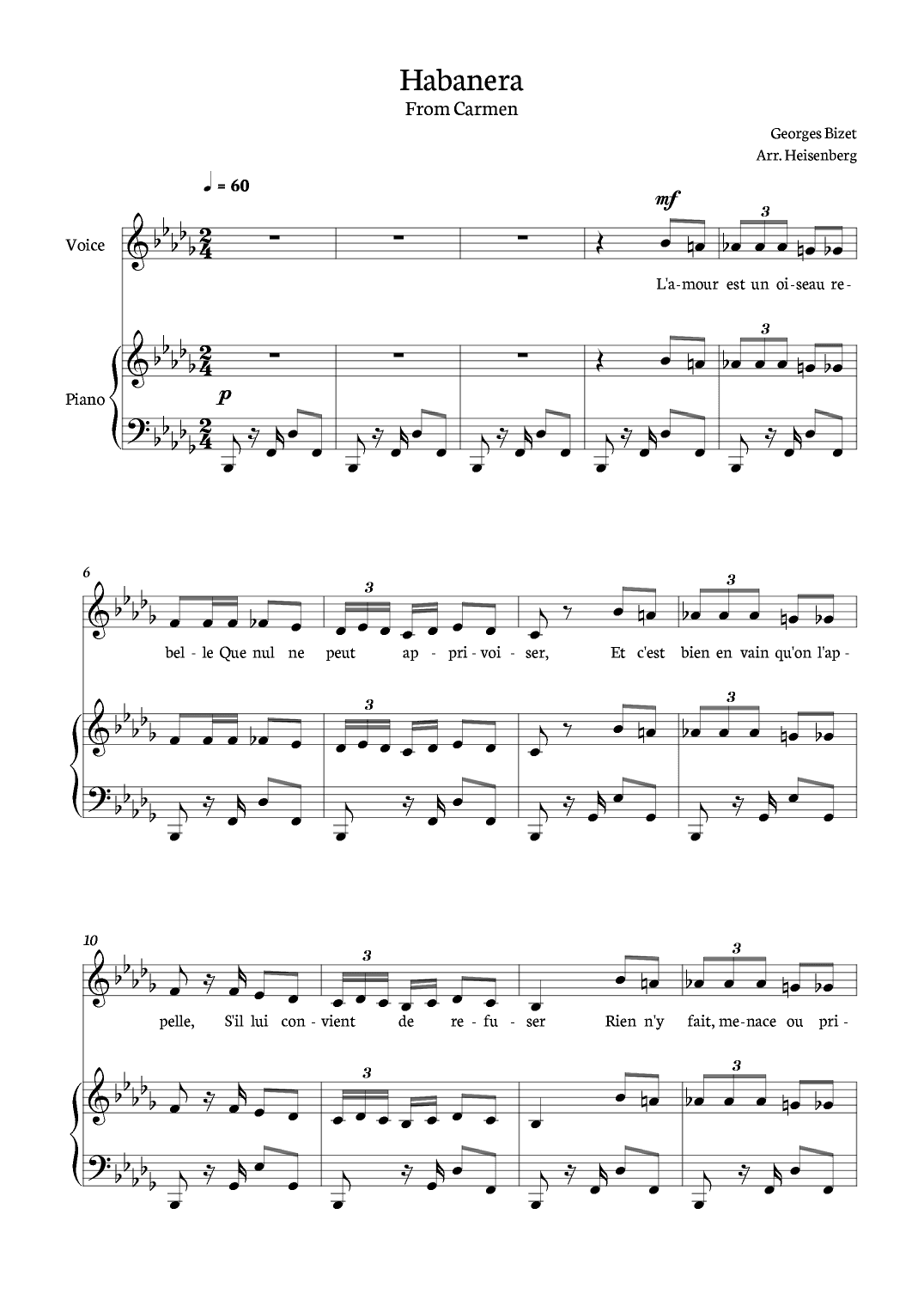 Habanera - Carmen for piano and voice in Bb minor. (arr. Heisenberg)