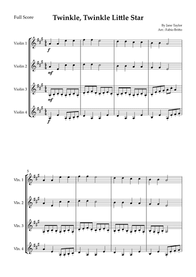 Twinkle, Twinkle Little Star for Violin Quartet (arr. Fabio Britto)