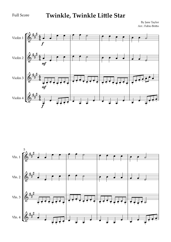 Twinkle, Twinkle Little Star for Violin Quartet (arr. Fabio Britto)