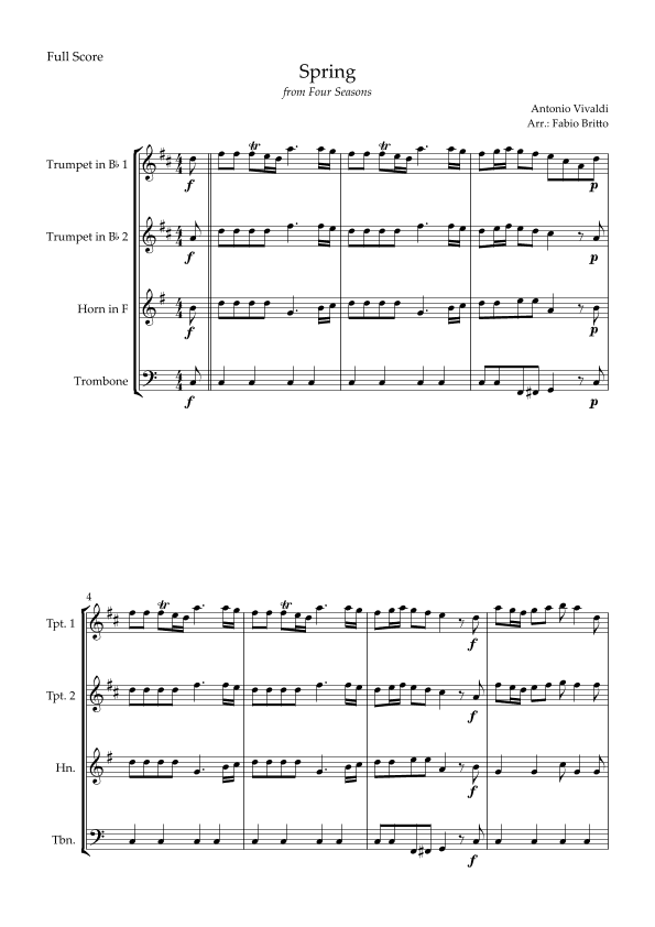 Spring (from Four Seasons of Antonio Vivaldi) for Brass Quartet (arr. Fabio Britto)