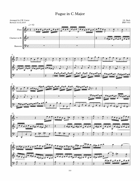 Fugue in C, BWV 953, by J.S. Bach, arranged for Flute, Clarinet & Bassoon (arr. J.W. Carter)