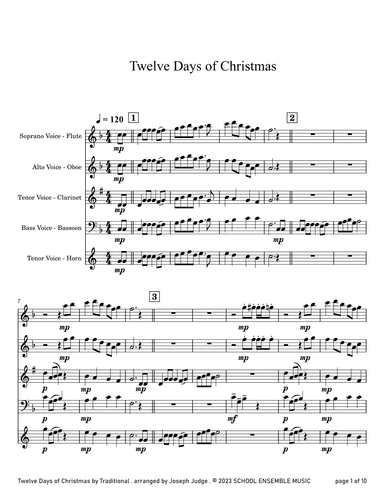 Twelve Days Of Christmas for Woodwind Quartet in Schools (arr. Joseph Judge)