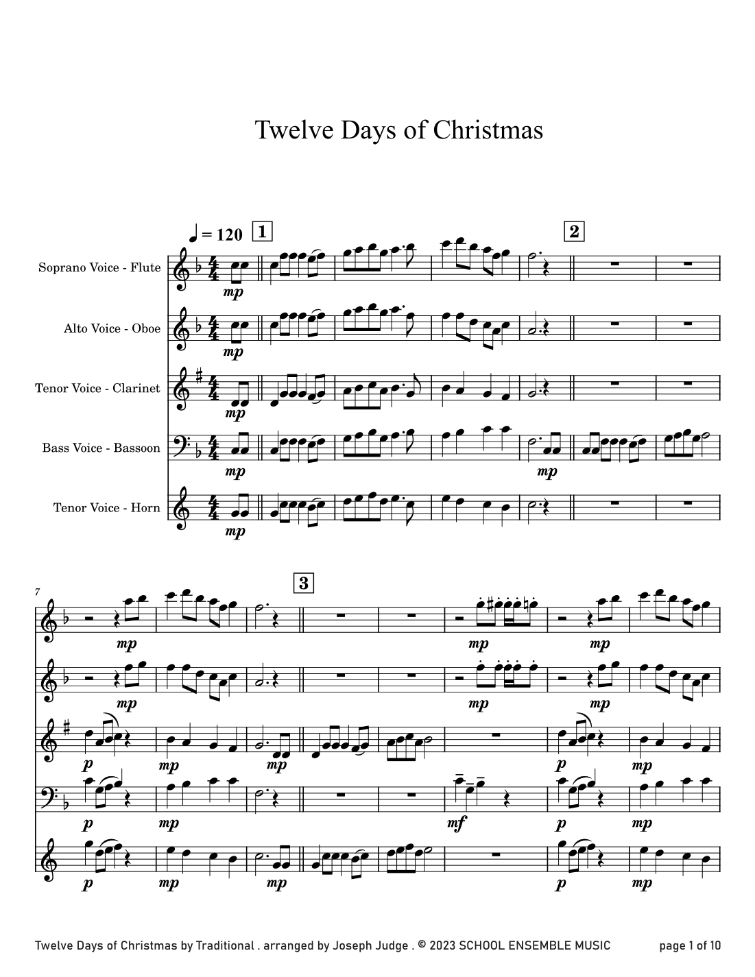 Twelve Days Of Christmas for Woodwind Quartet in Schools (arr. Joseph Judge)