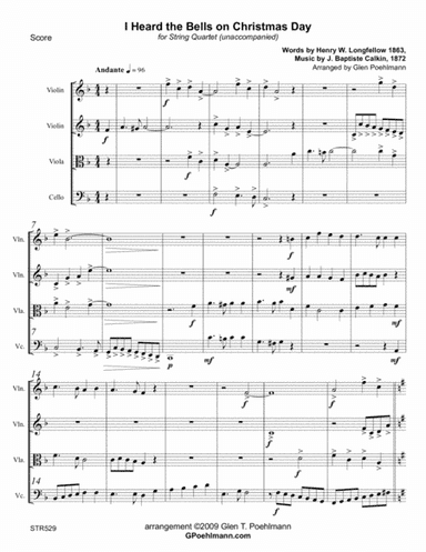 I HEARD THE BELLS ON CHRISTMAS DAY - unaccompanied STRING QUARTET (Grade 3+) (arr. Glen Poehlmann)