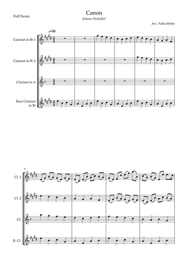 Canon - Johann Pachelbel (Wedding/Reduced Version) for Clarinet Quartet (arr. Fabio Britto)