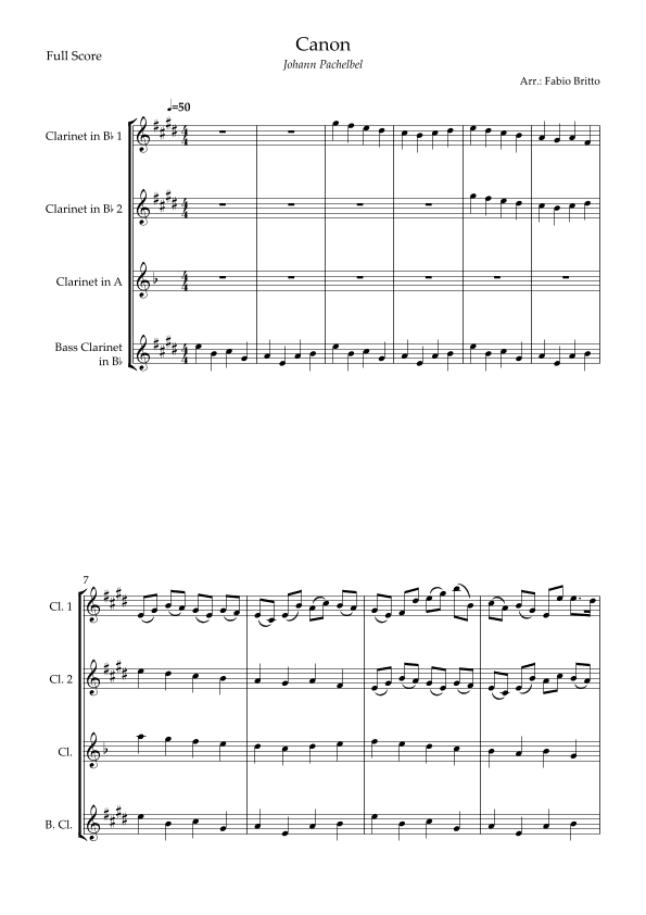 Canon - Johann Pachelbel (Wedding/Reduced Version) for Clarinet Quartet (arr. Fabio Britto)